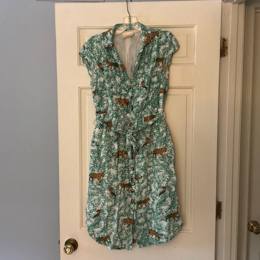 Anthropologie Maeve Catherine Shirtdress 10 Green Tiger Animal Print Safari